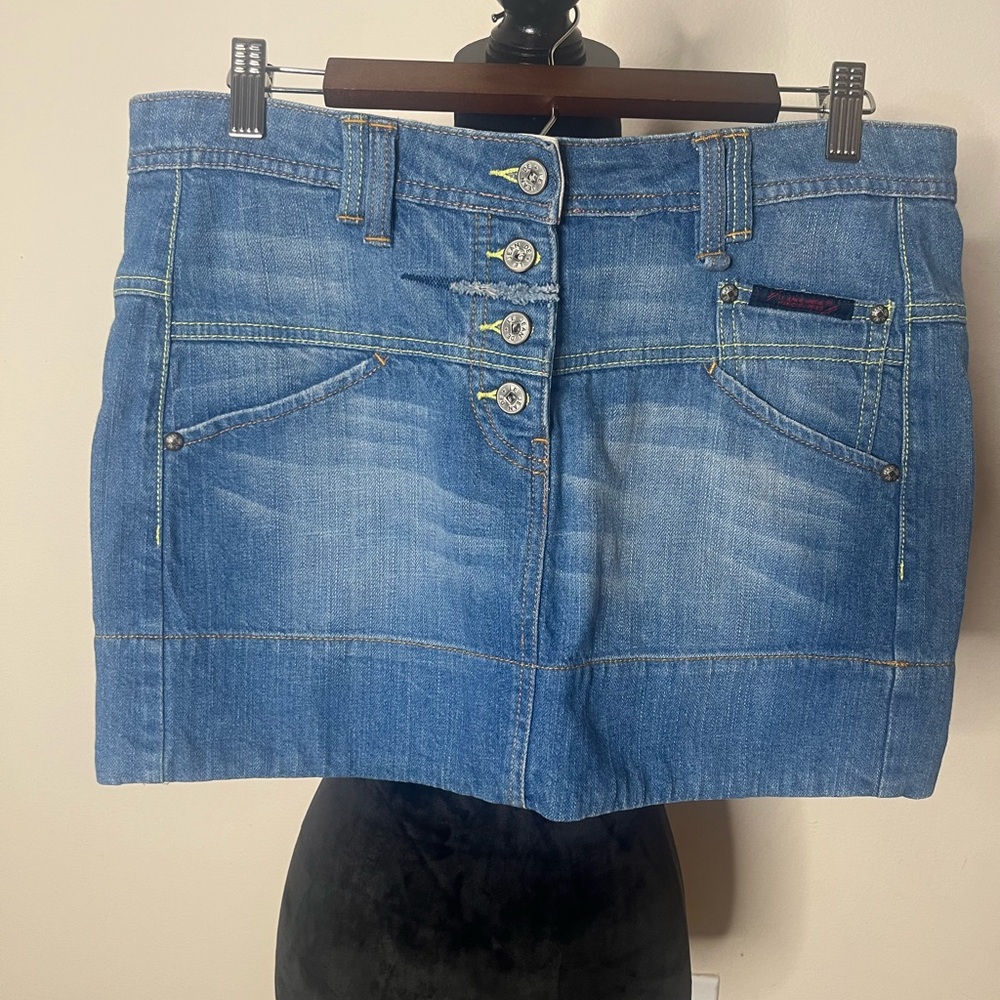 Marithe Francois Girbaud Blue‎ Denim Button Fly Stretch Y2K Micro Mini Skirt 30